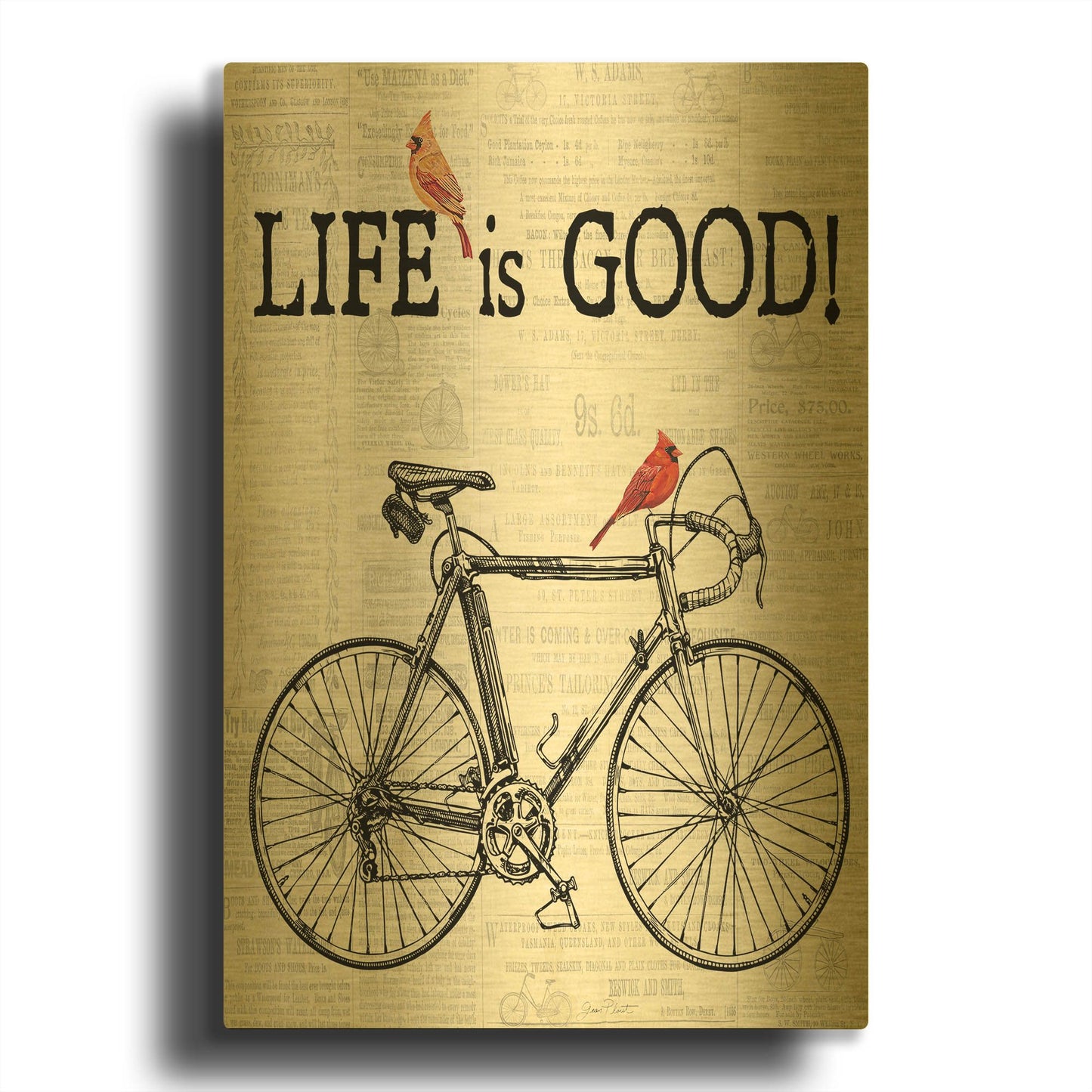 'Bicycle With Cardinals C' By Jean Plout Gold Metal Wall Art