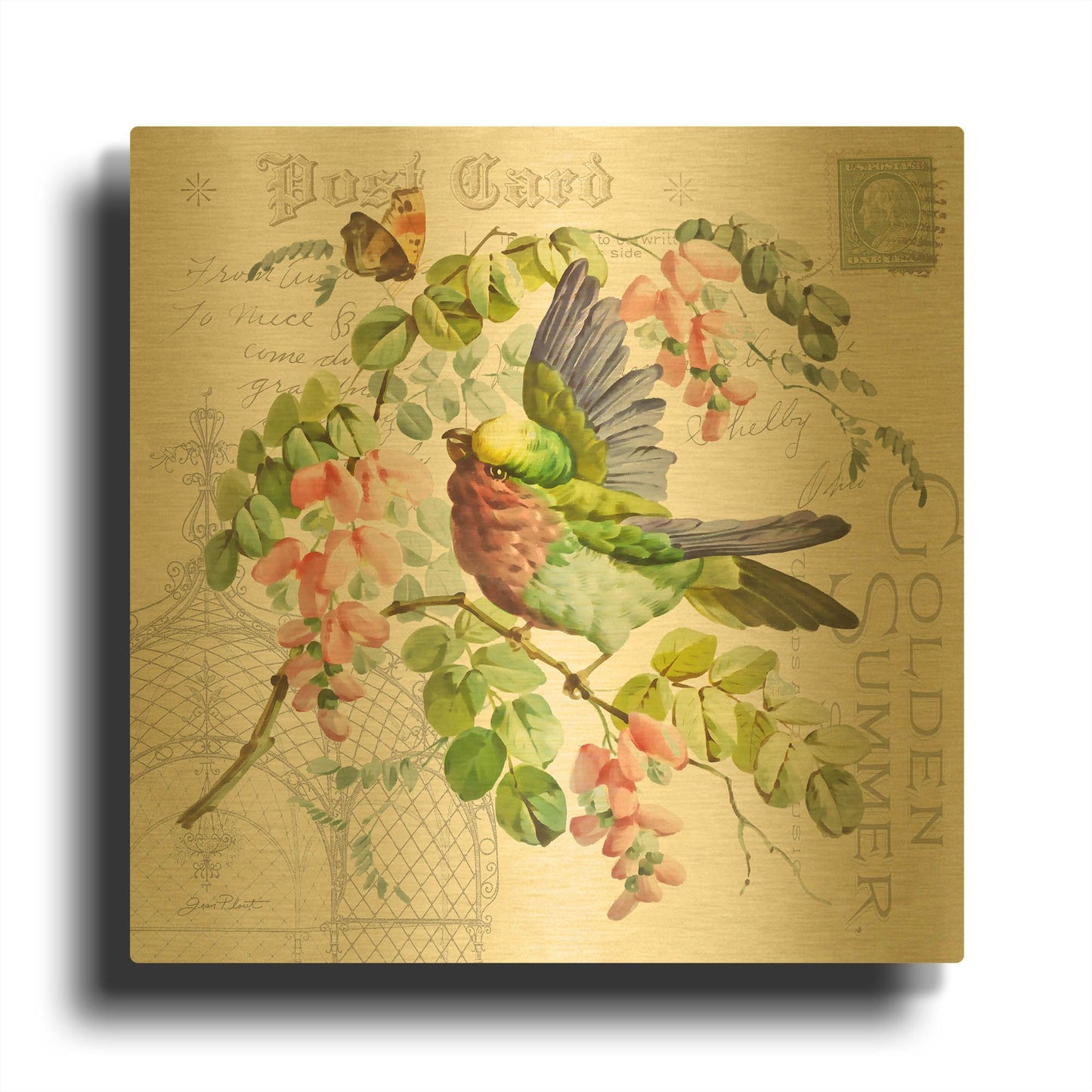 'Bird and Blooms A' By Jean Plout Gold Metal Wall Art