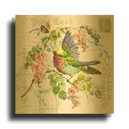 'Bird and Blooms A' By Jean Plout Gold Metal Wall Art