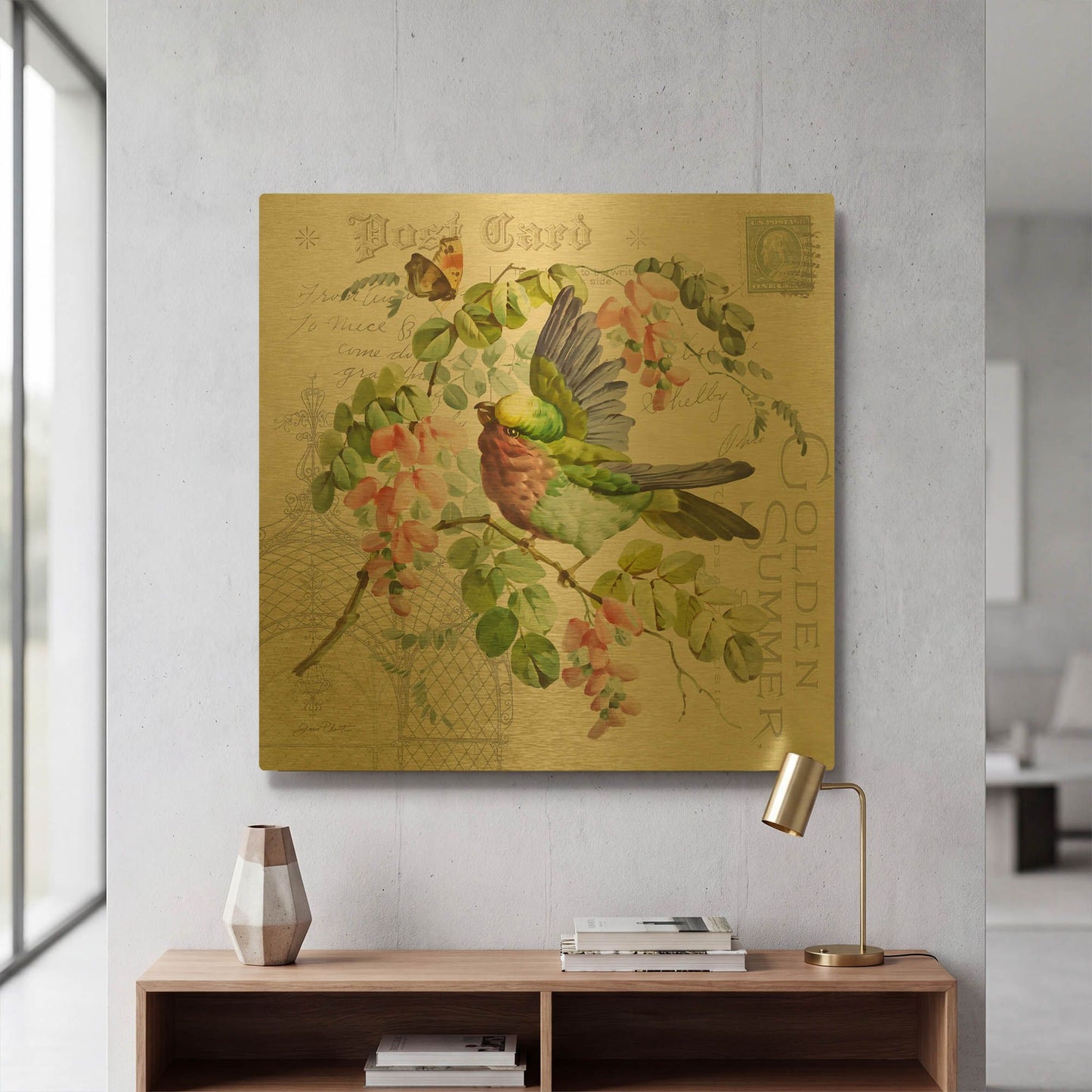 'Bird and Blooms A' By Jean Plout Gold Metal Wall Art