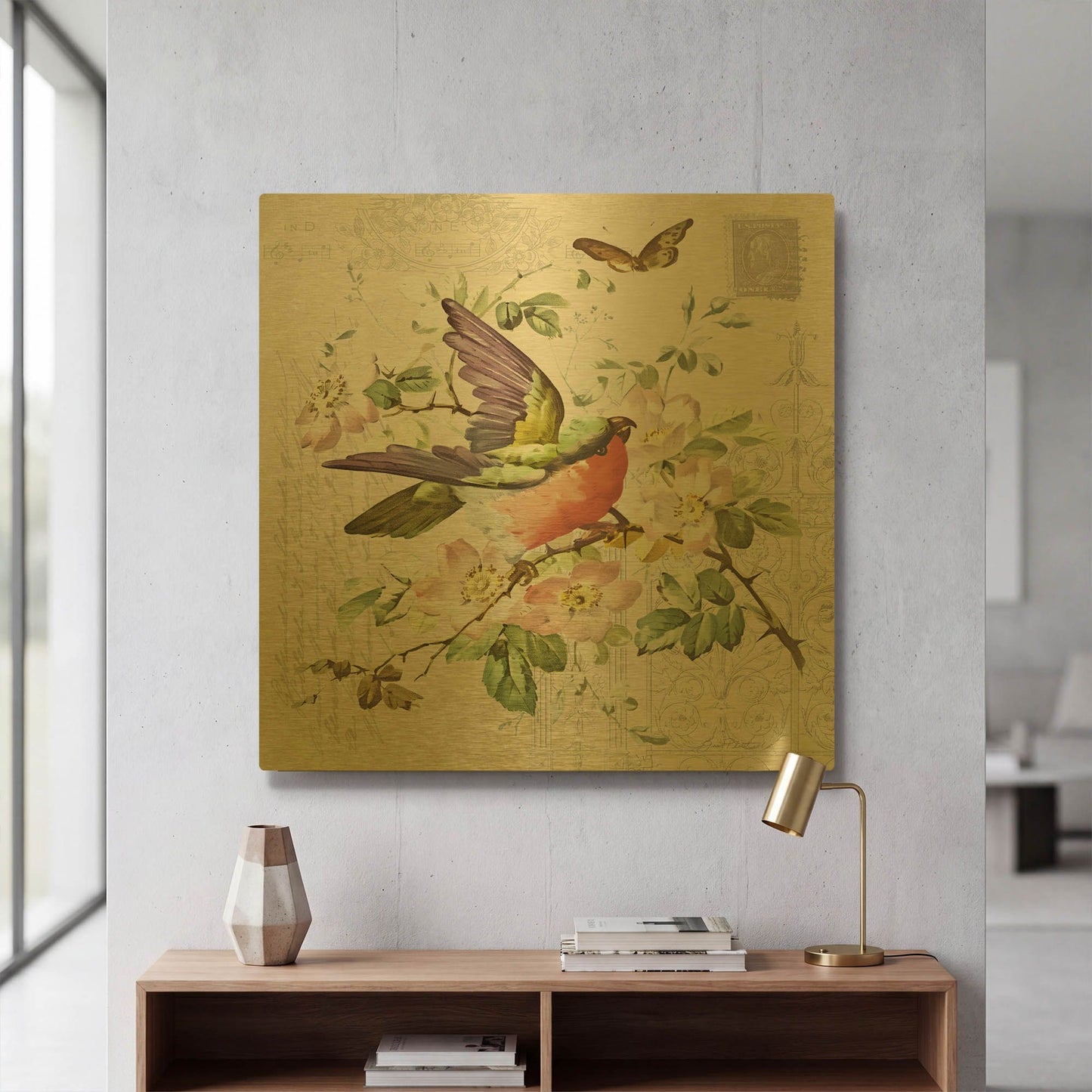 'Bird and Blooms B' By Jean Plout Gold Metal Wall Art