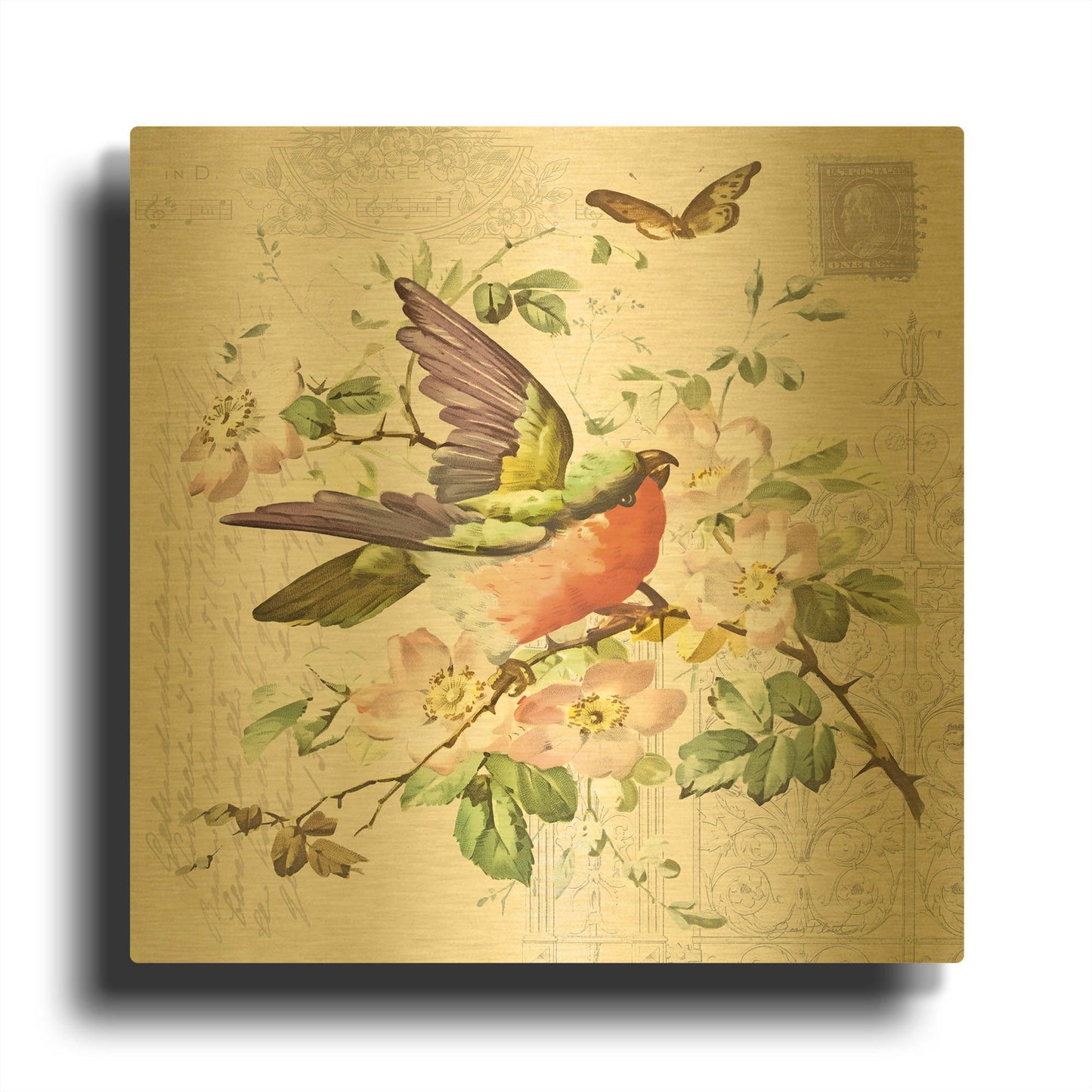 'Bird and Blooms B' By Jean Plout Gold Metal Wall Art