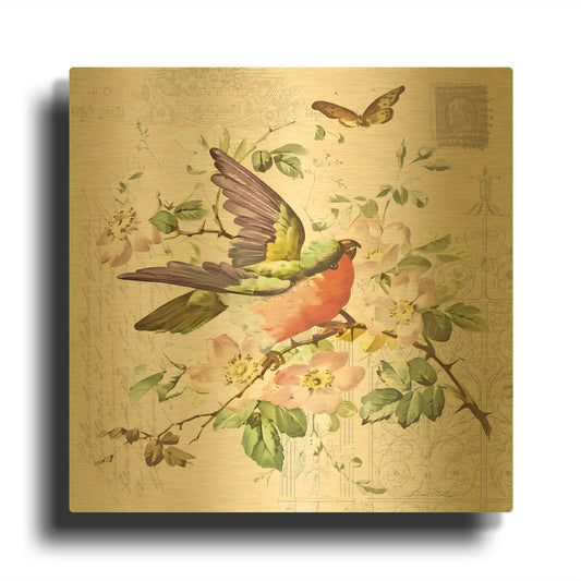 'Bird and Blooms B' By Jean Plout Gold Metal Wall Art