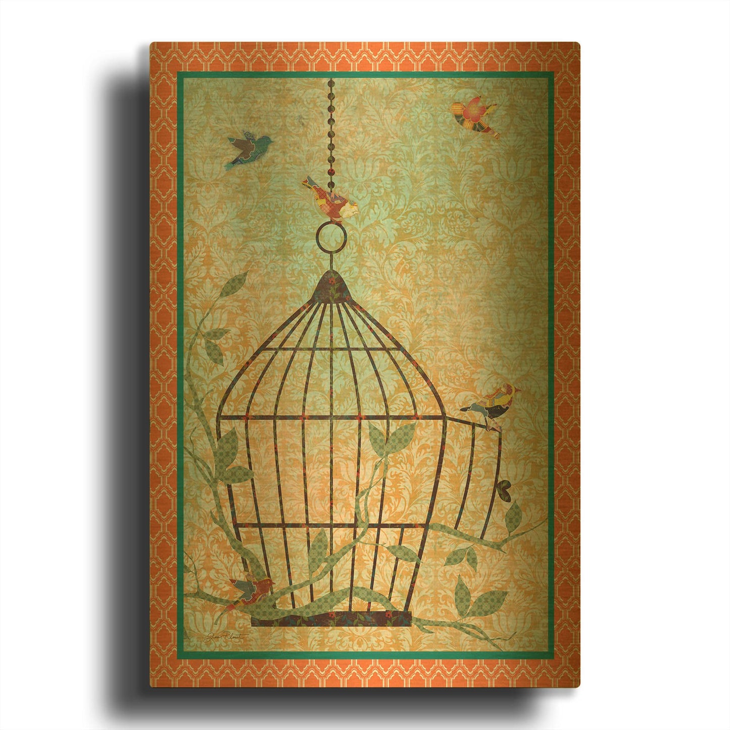 'Bird Cage Escape-Grungy' By Jean Plout Gold Metal Wall Art