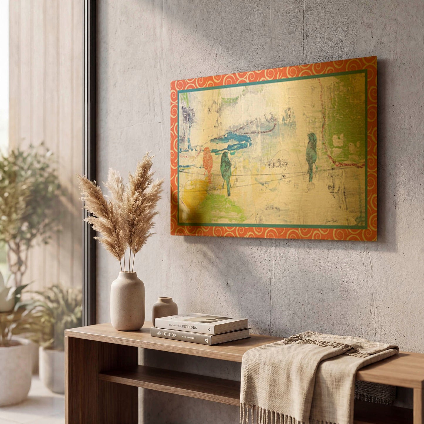 'Bird Trio On Wires Border' By Jean Plout Gold Metal Wall Art