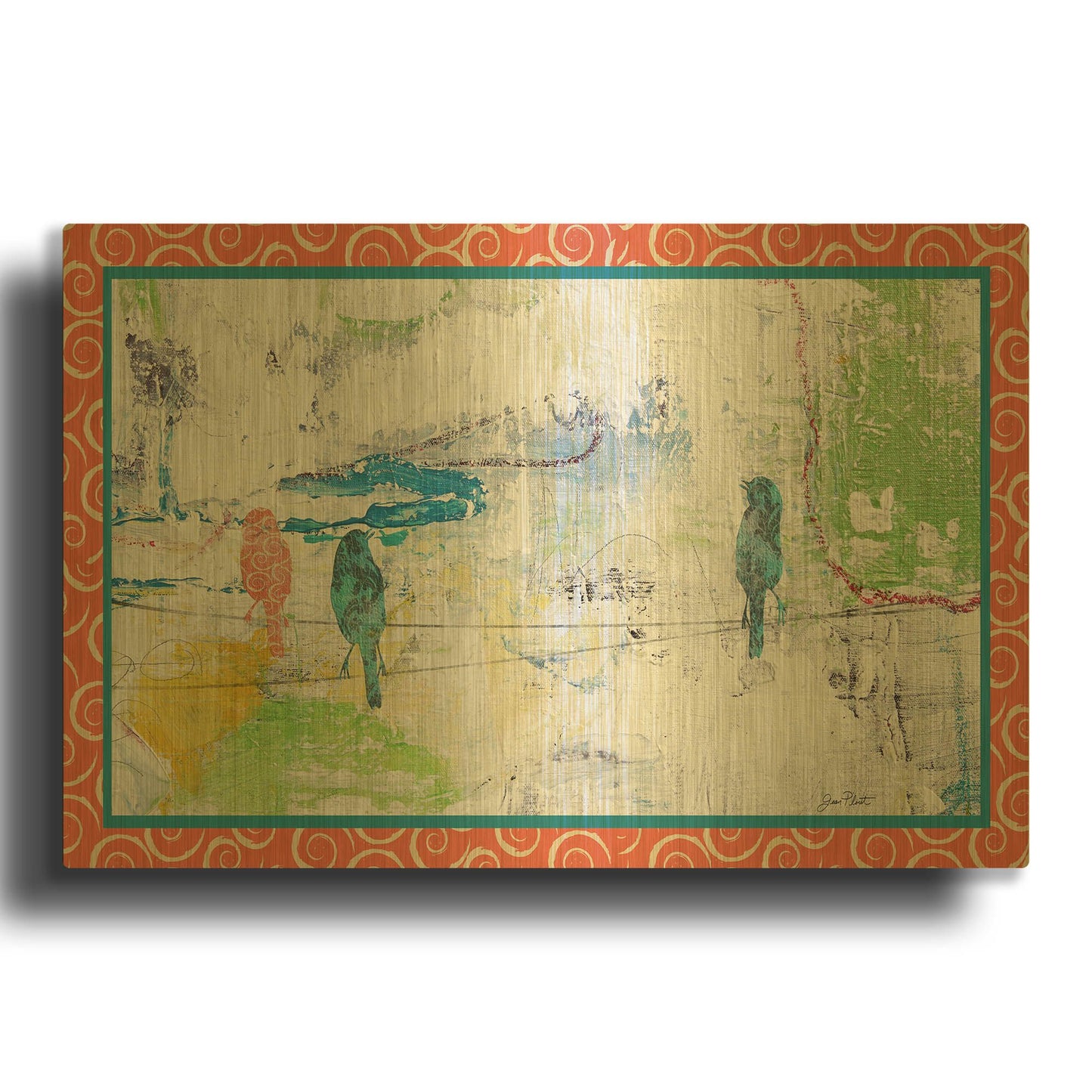 'Bird Trio On Wires Border' By Jean Plout Gold Metal Wall Art