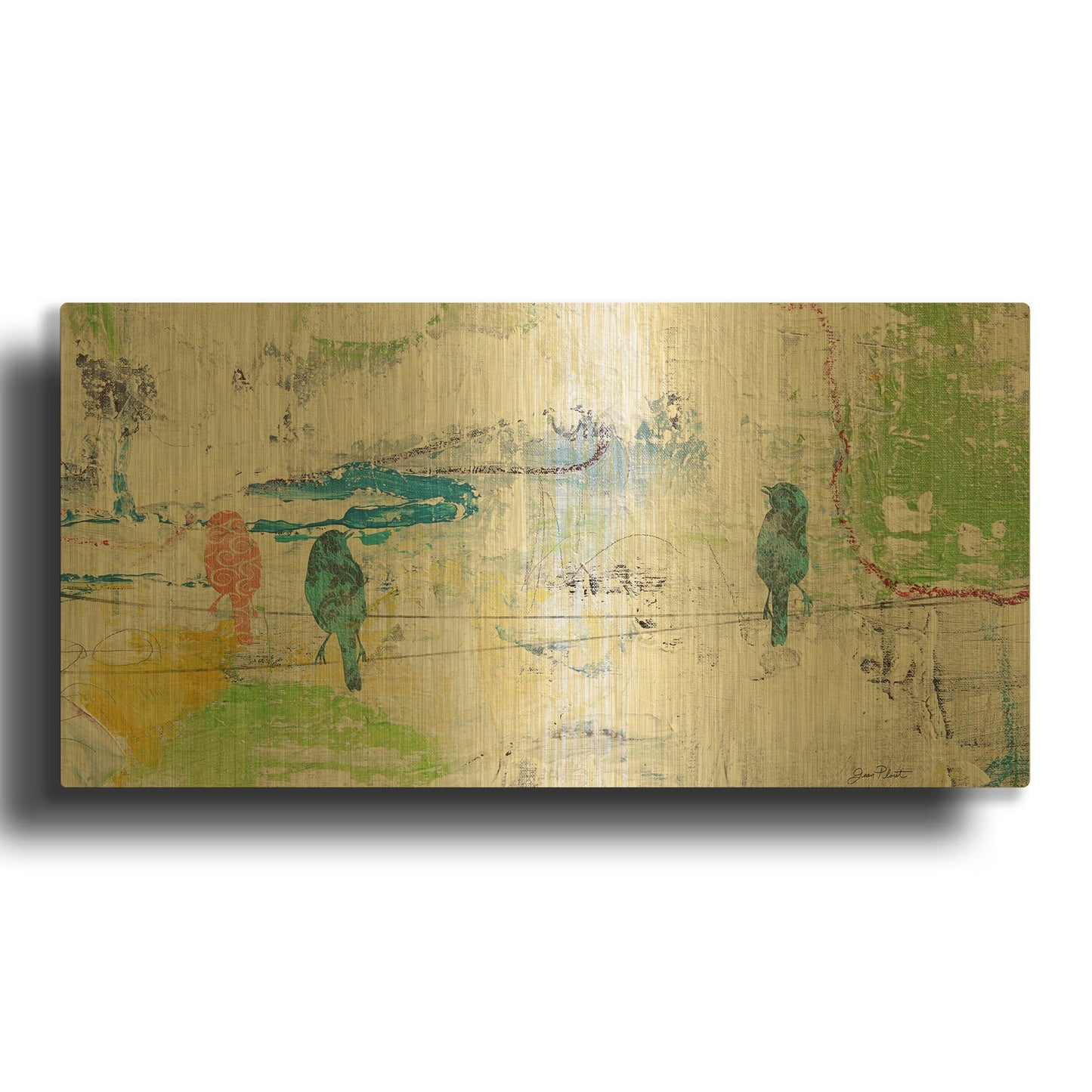 'Bird Trio On Wires' By Jean Plout Gold Metal Wall Art