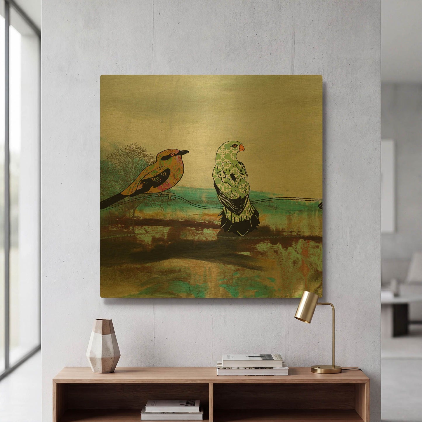 'Birds Of Fire Lake A' By Jean Plout Gold Metal Wall Art