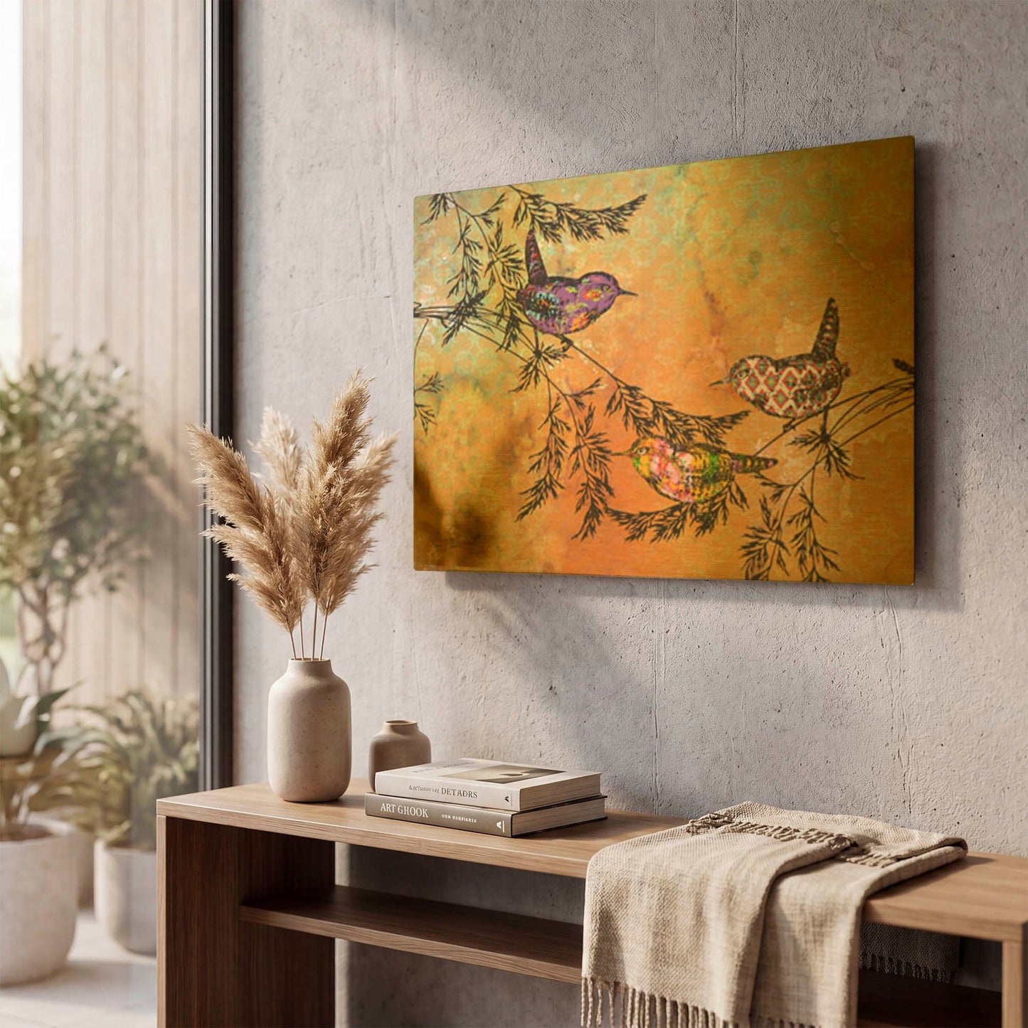 'Birds On Branches A1' By Jean Plout Gold Metal Wall Art