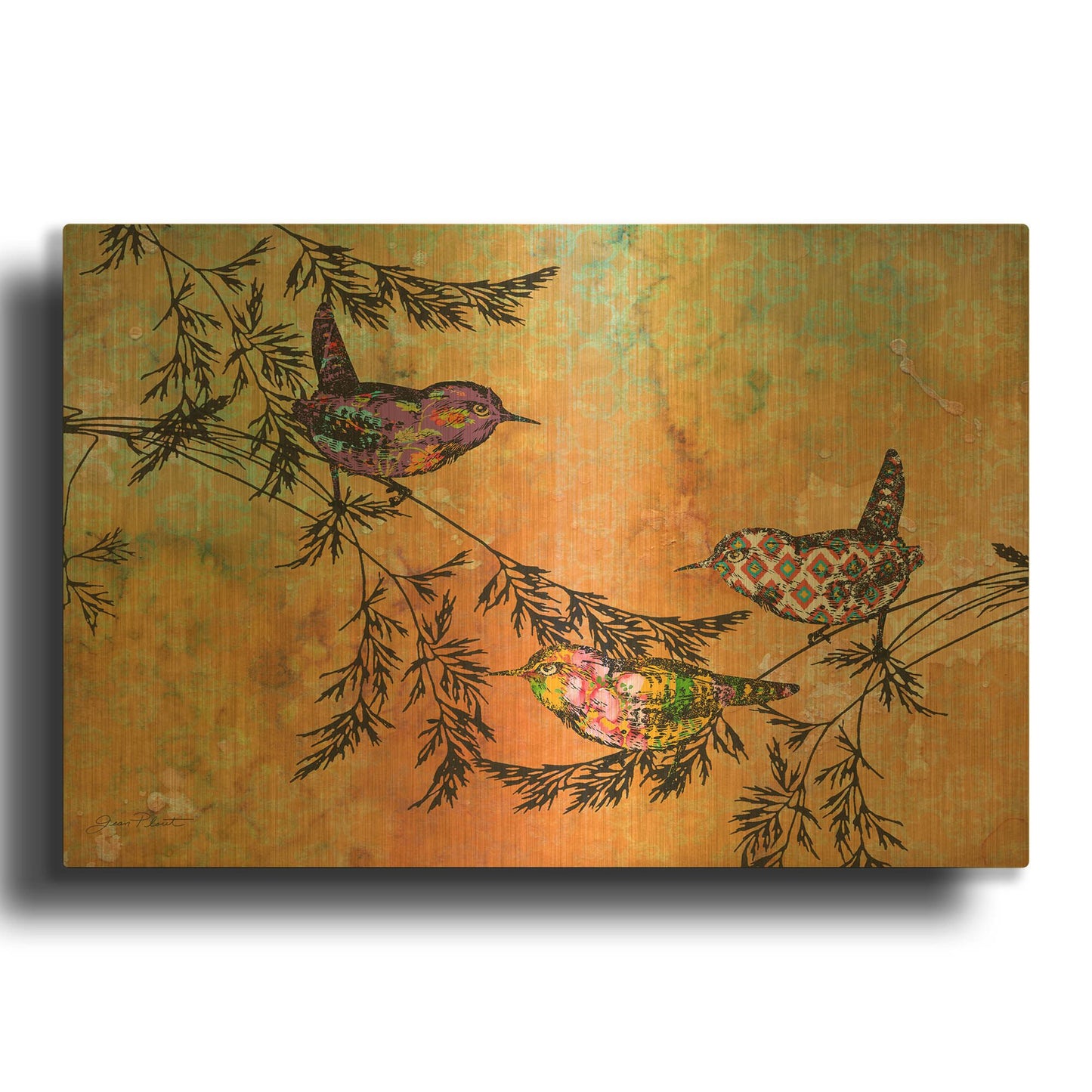 'Birds On Branches A1' By Jean Plout Gold Metal Wall Art