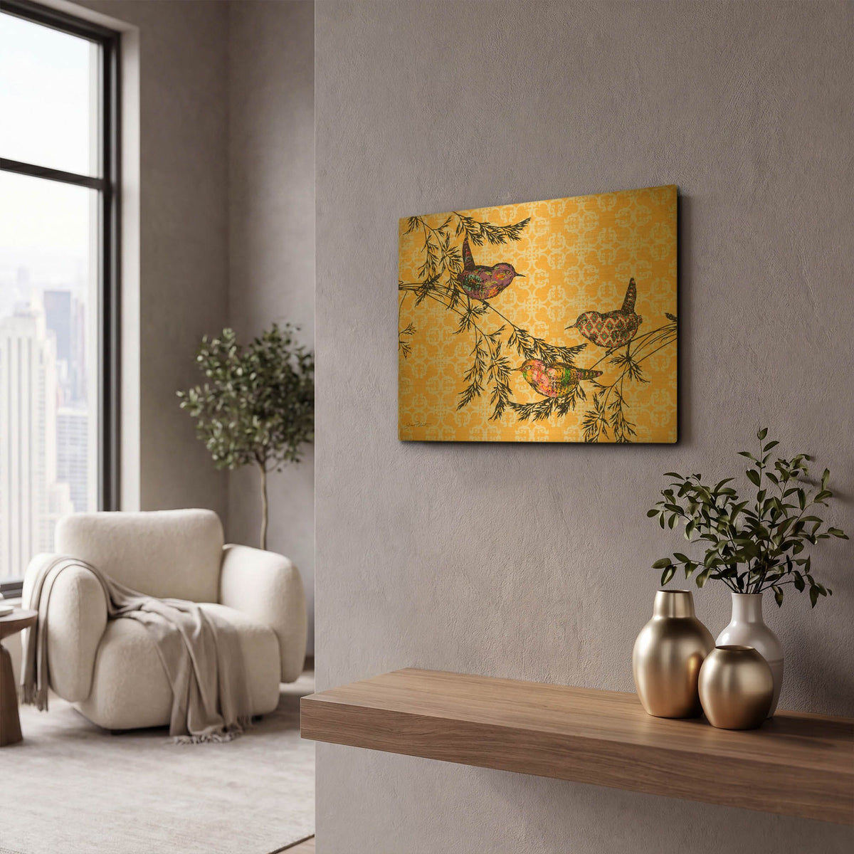 'Birds On Branches A2' By Jean Plout Gold Metal Wall Art
