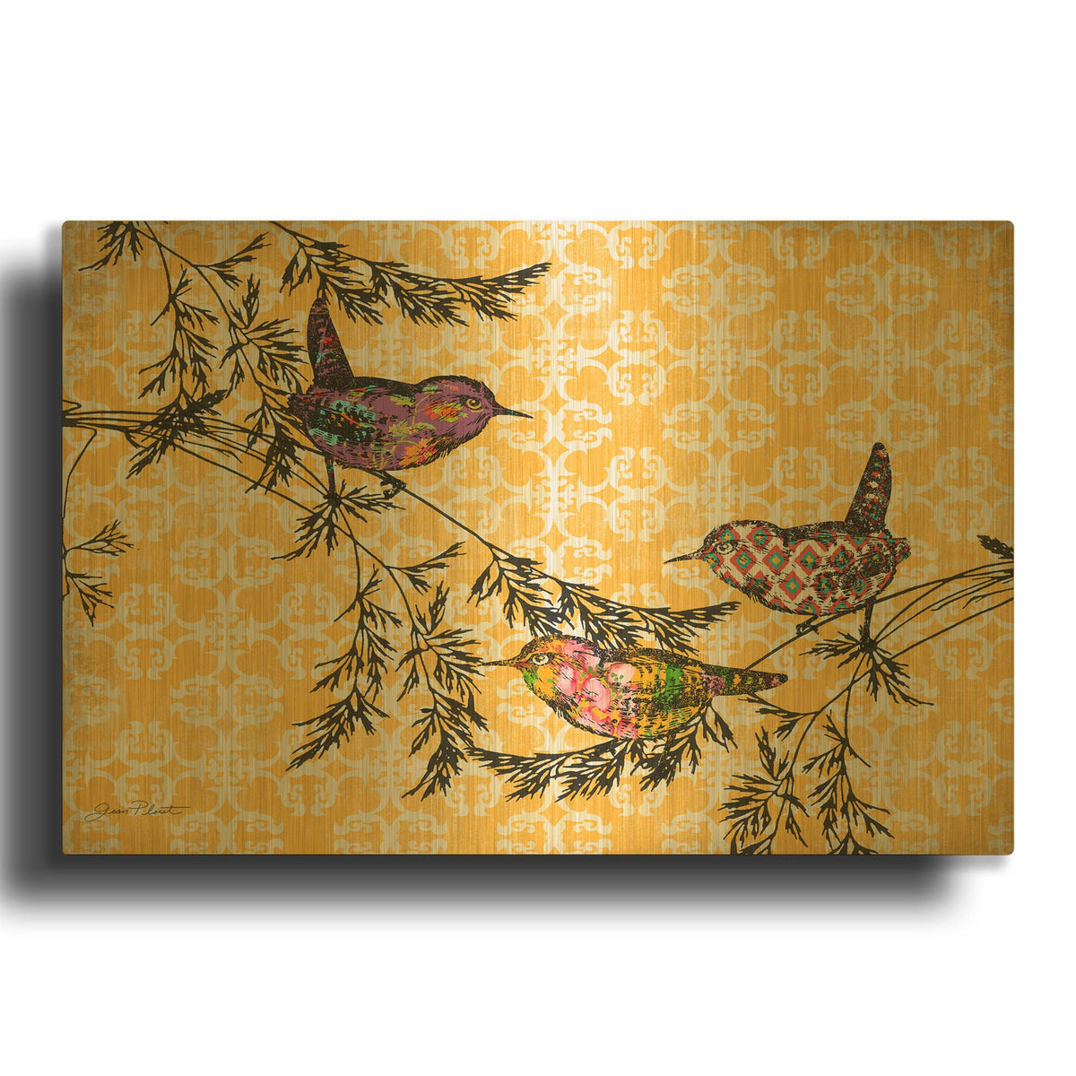 'Birds On Branches A2' By Jean Plout Gold Metal Wall Art