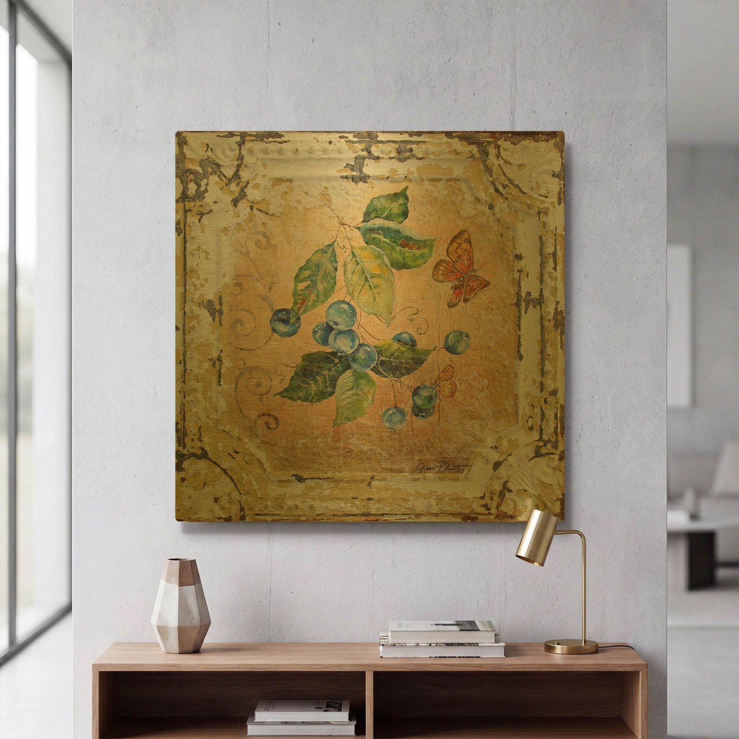 'Blue Berries And Butterfly Tin Tile' By Jean Plout Gold Metal Wall Art