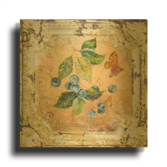 'Blue Berries And Butterfly Tin Tile' By Jean Plout Gold Metal Wall Art