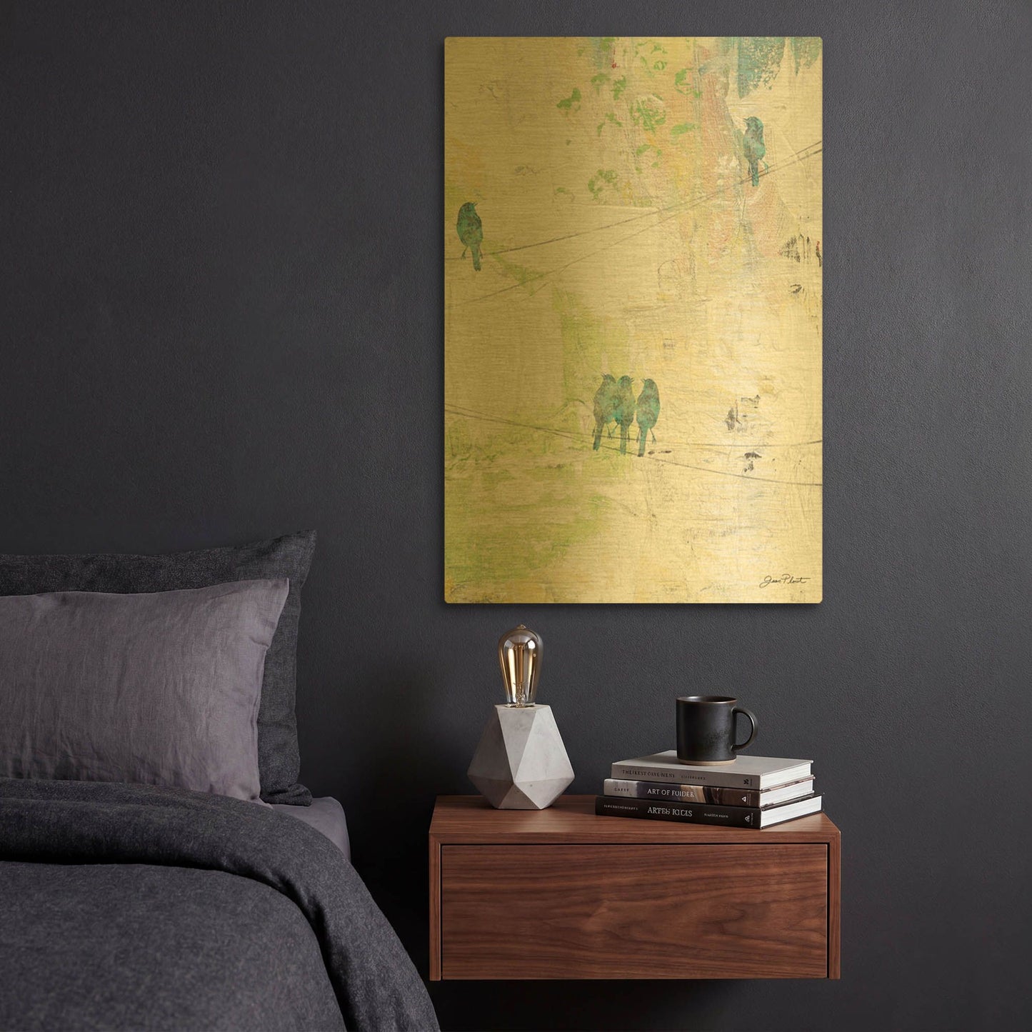 'Blue Birds On Wires' By Jean Plout Gold Metal Wall Art