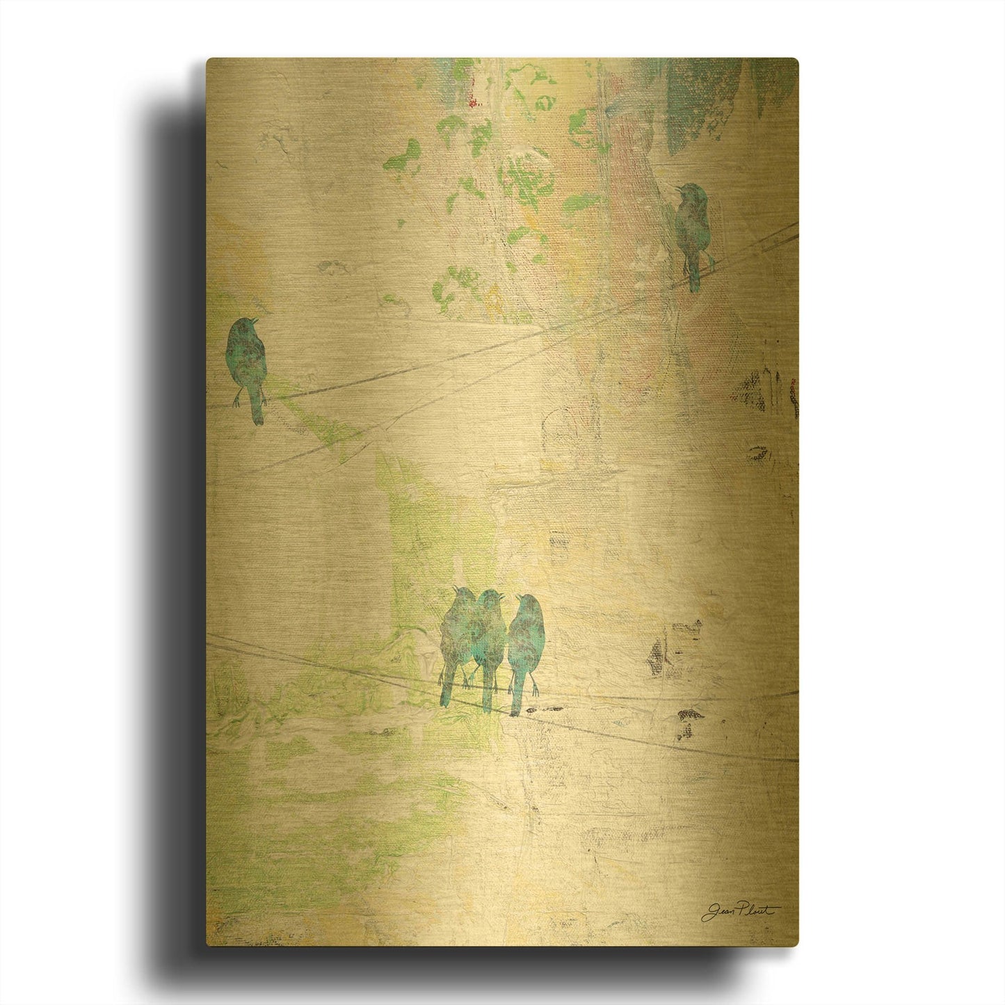 'Blue Birds On Wires' By Jean Plout Gold Metal Wall Art