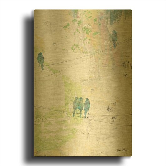 'Blue Birds On Wires' By Jean Plout Gold Metal Wall Art