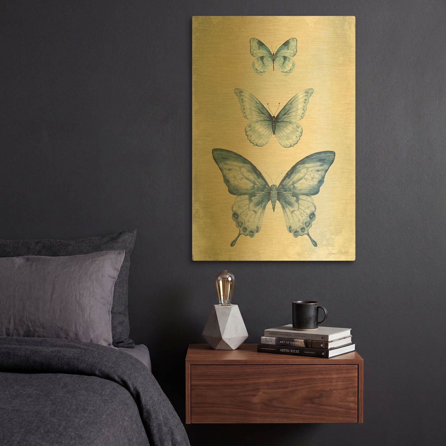 'Blue Butterfly Trio A' By Jean Plout Gold Metal Wall Art