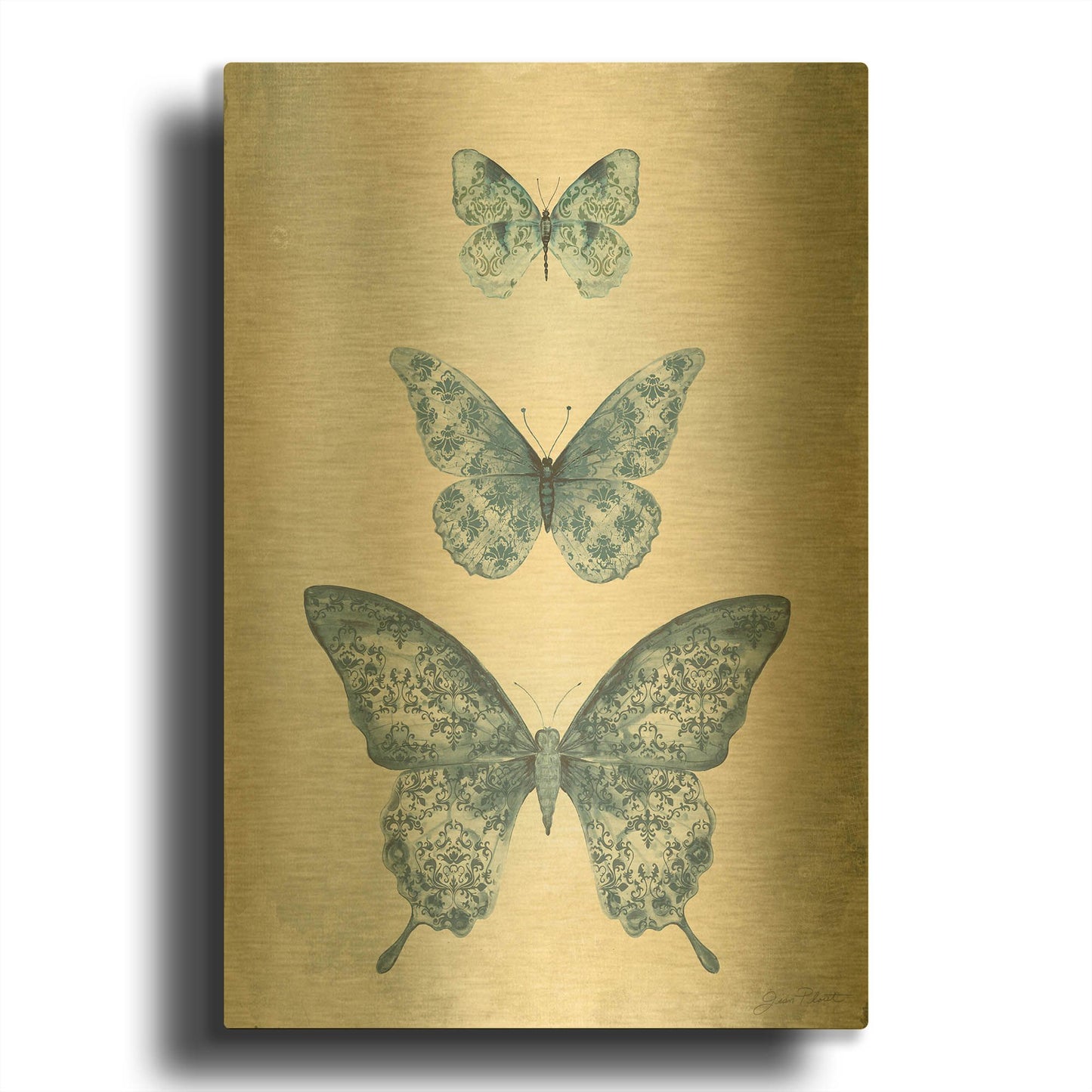 'Blue Butterfly Trio B' By Jean Plout Gold Metal Wall Art