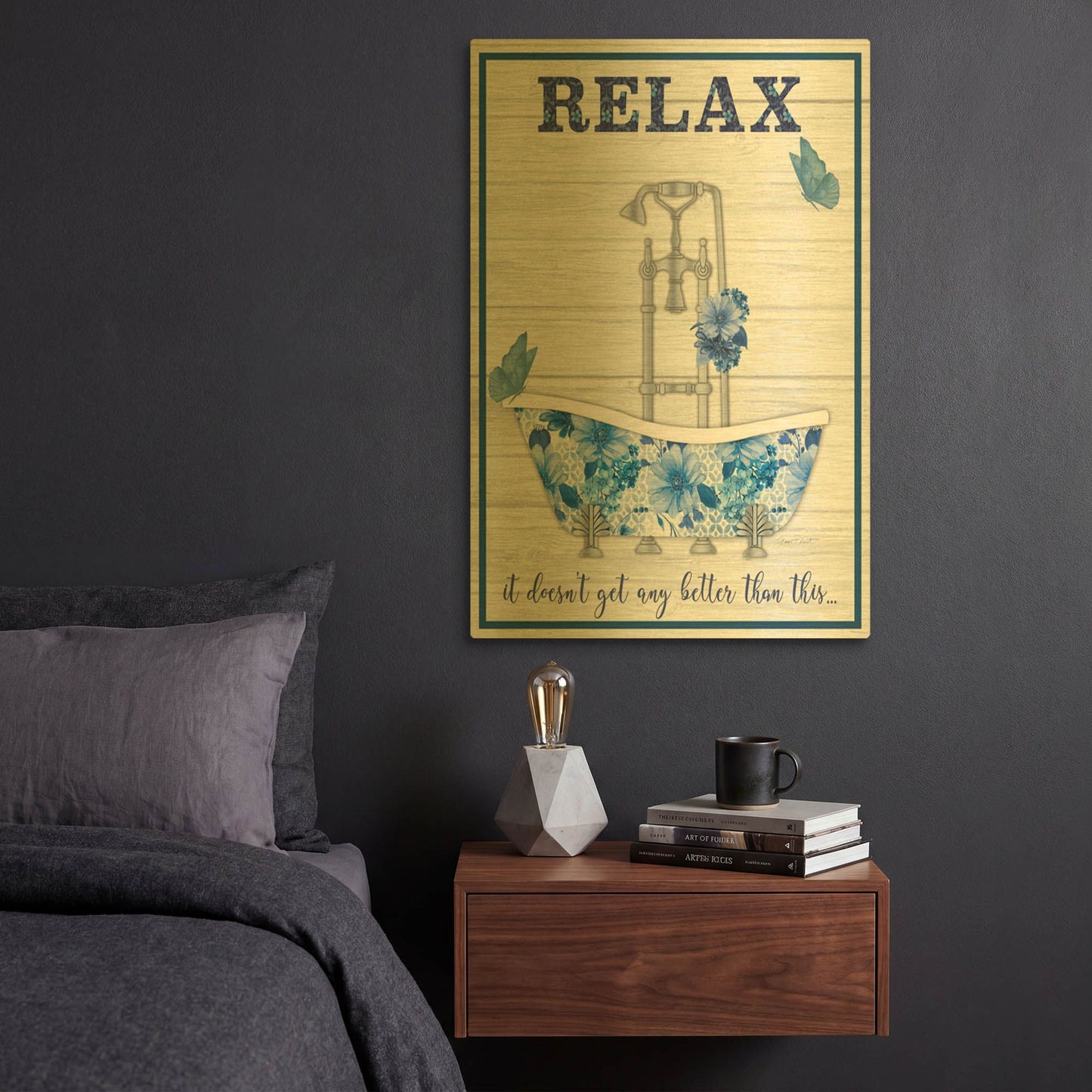 'Blue Floral Bath Art A' By Jean Plout Gold Metal Wall Art