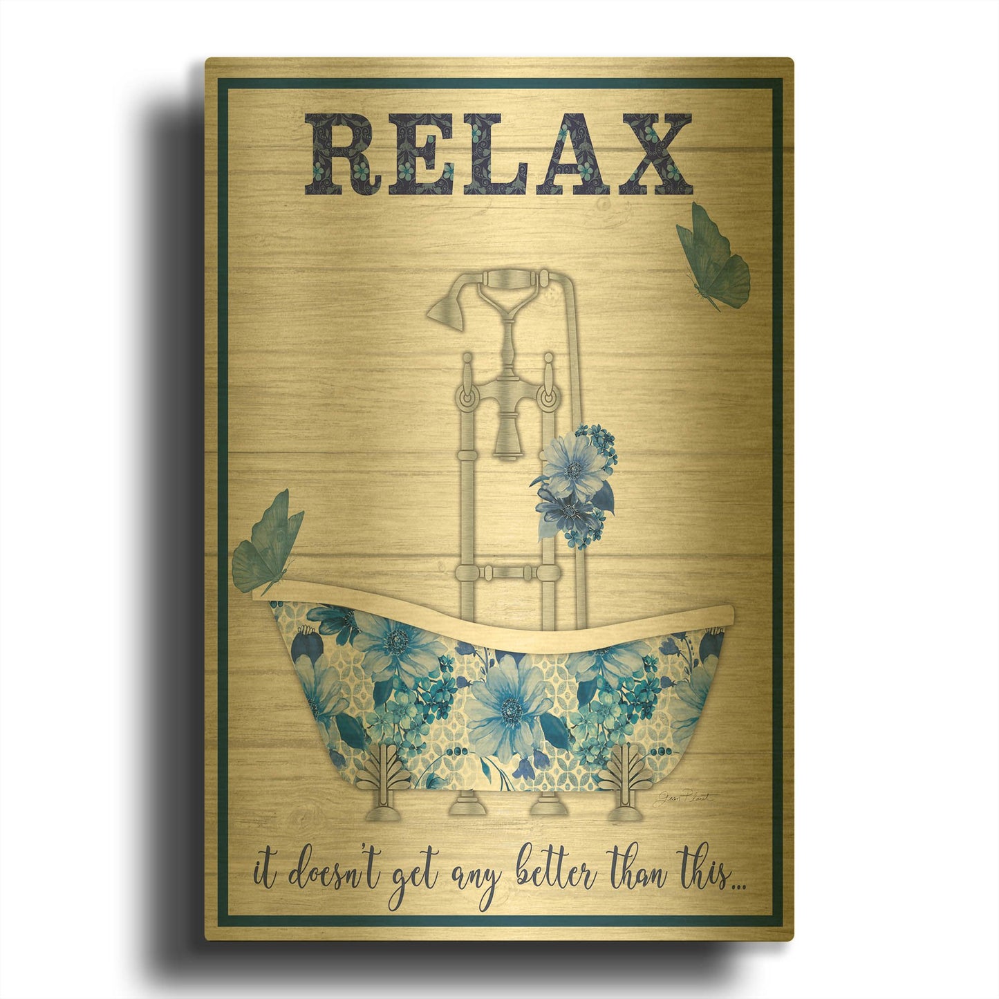 'Blue Floral Bath Art A' By Jean Plout Gold Metal Wall Art