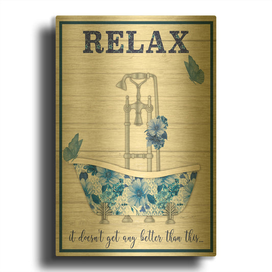 'Blue Floral Bath Art A' By Jean Plout Gold Metal Wall Art
