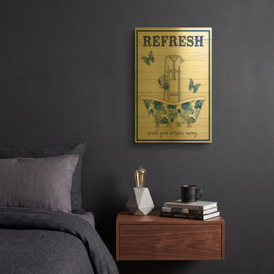 'Blue Floral Bath Art B' By Jean Plout Gold Metal Wall Art
