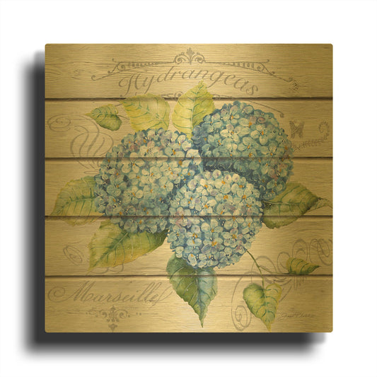 'Blue Hydrangeas Wood' By Jean Plout Gold Metal Wall Art