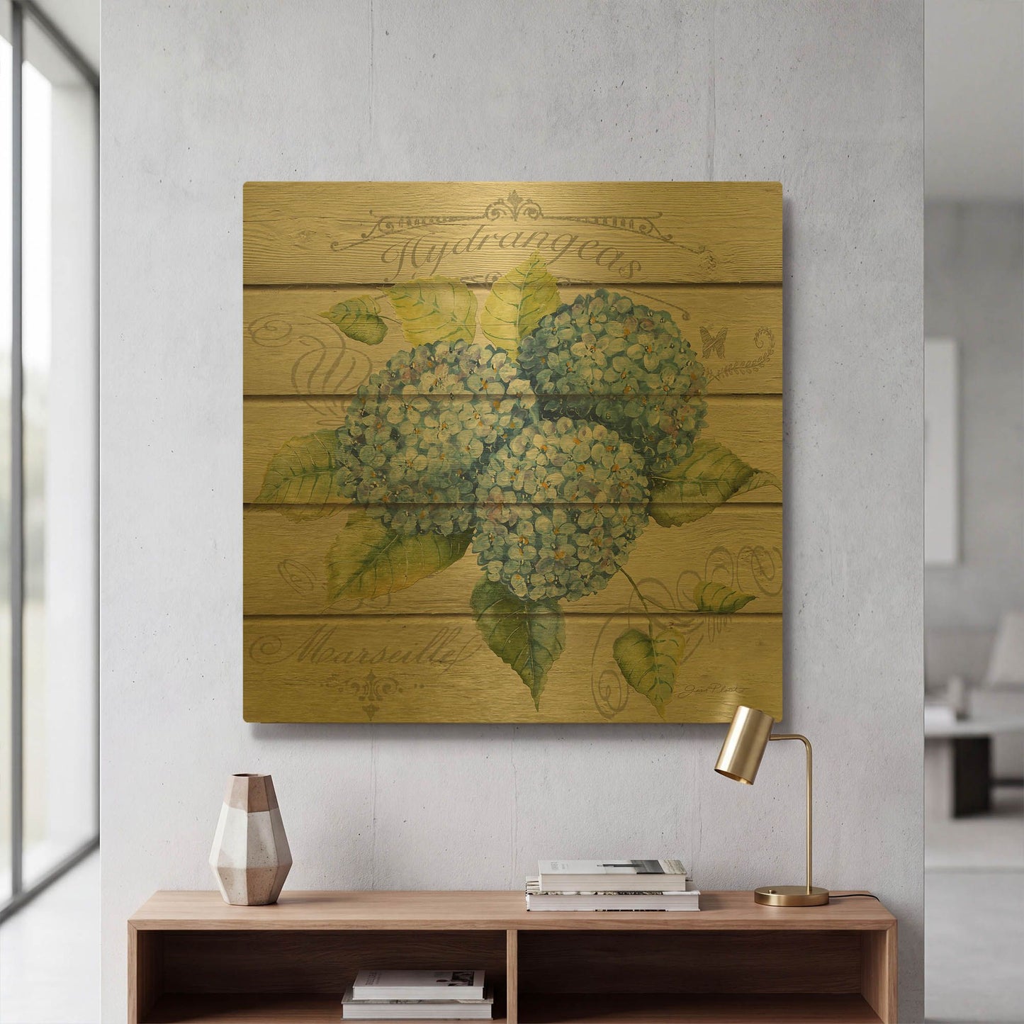 'Blue Hydrangeas Wood' By Jean Plout Gold Metal Wall Art