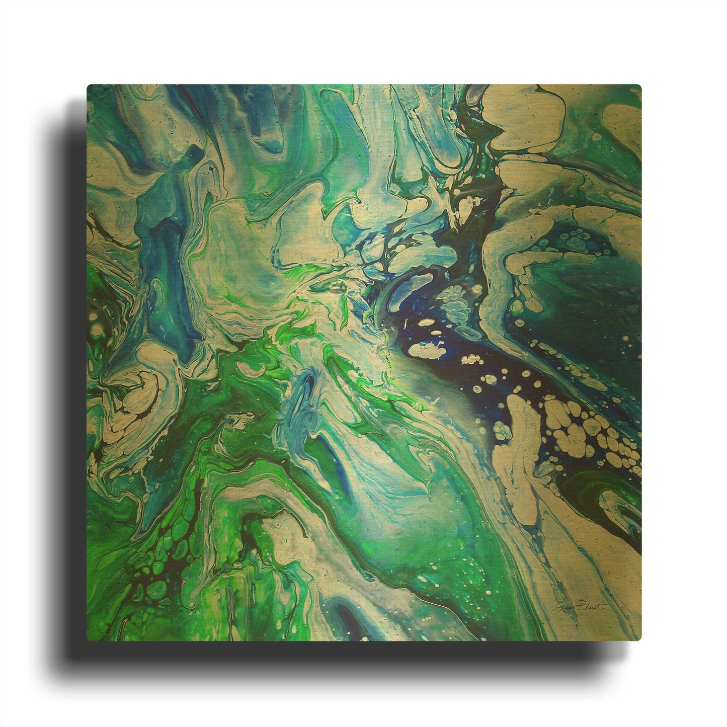 'Blue Lagoon Abstract 4' By Jean Plout Gold Metal Wall Art