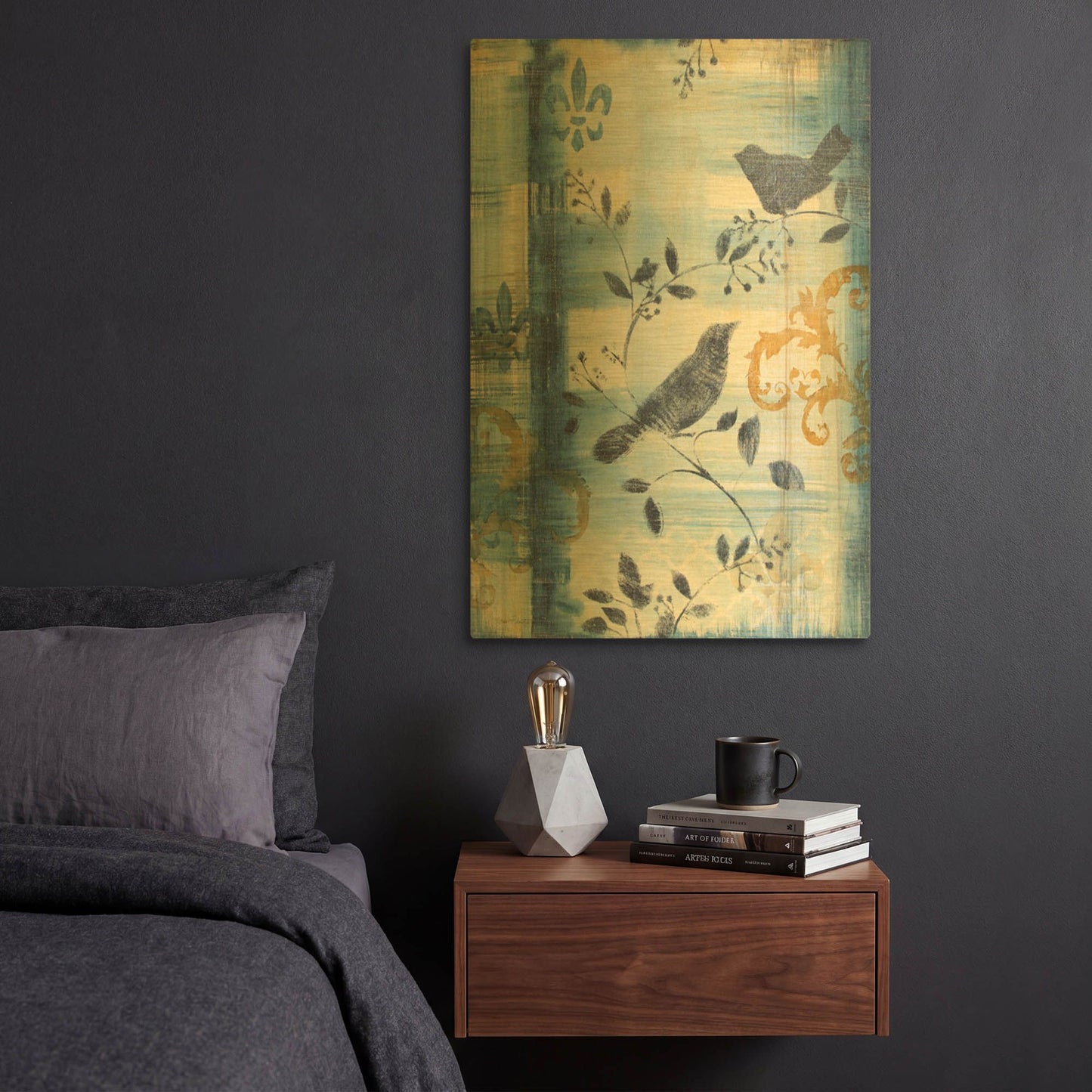 'Blue Plaid With Birds A' By Jean Plout Gold Metal Wall Art