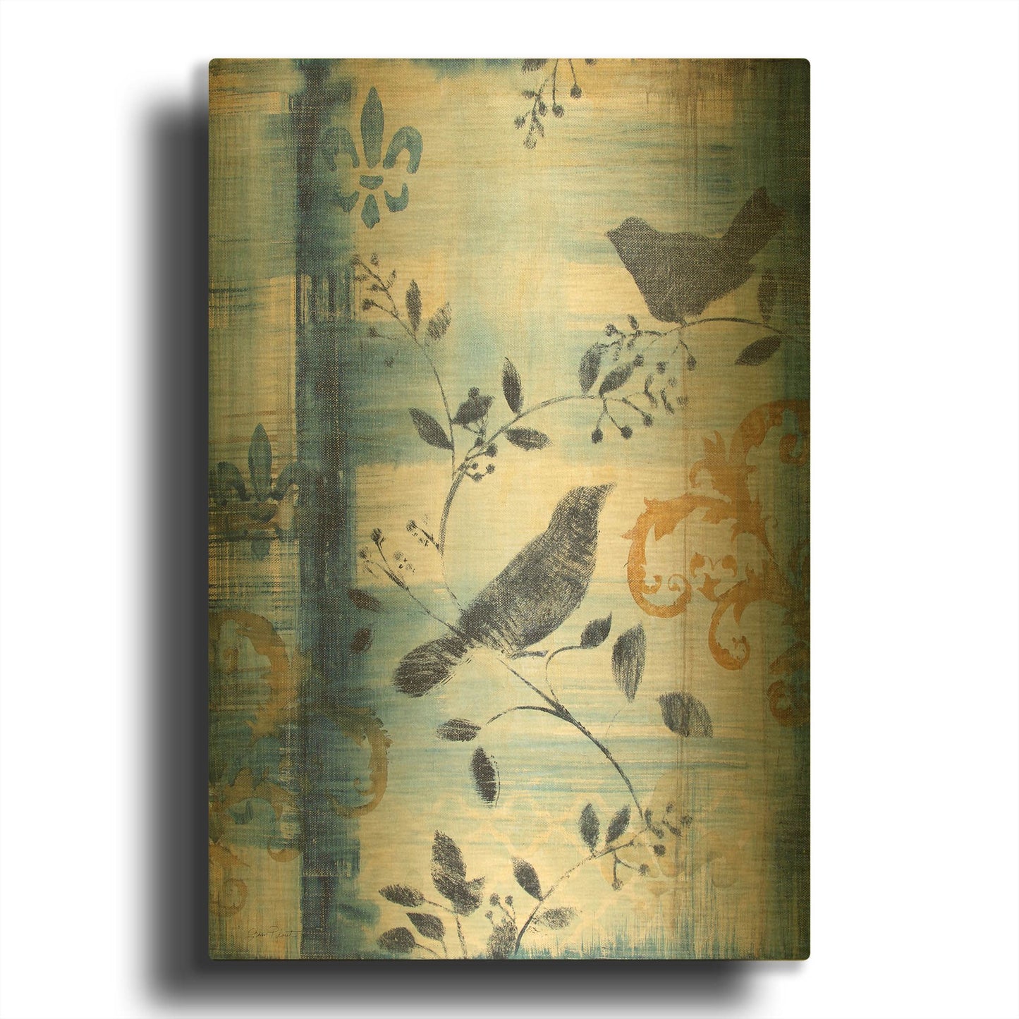 'Blue Plaid With Birds A' By Jean Plout Gold Metal Wall Art
