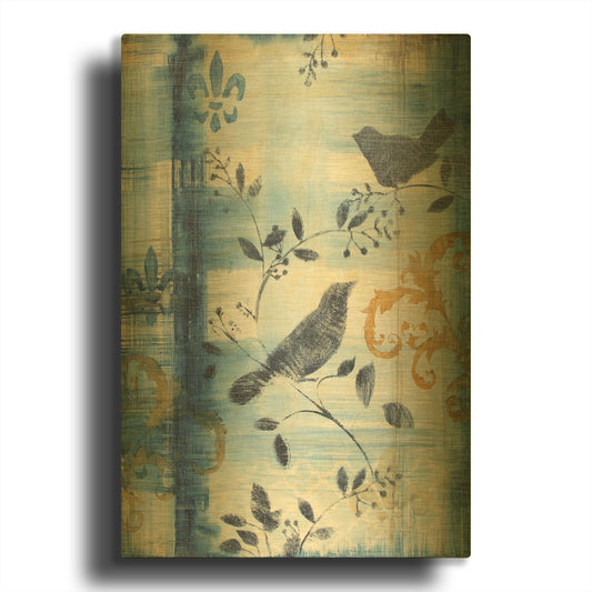 'Blue Plaid With Birds A' By Jean Plout Gold Metal Wall Art