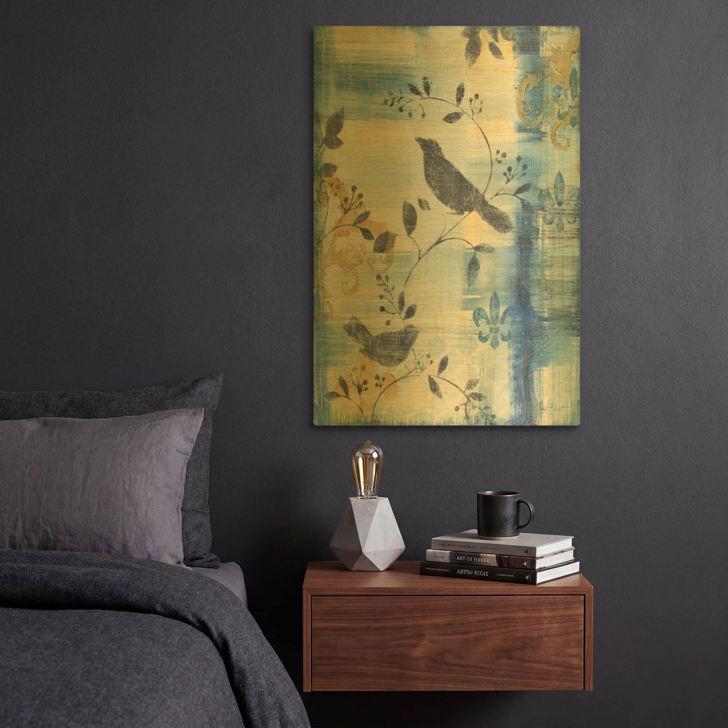 'Blue Plaid With Birds B' By Jean Plout Gold Metal Wall Art