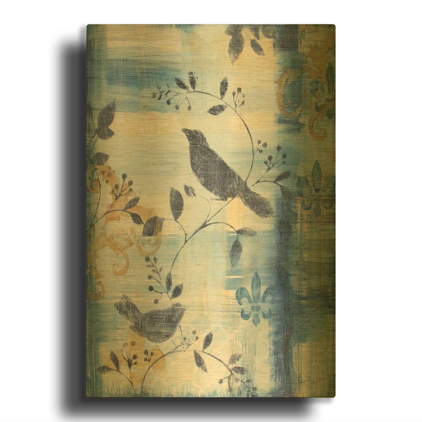 'Blue Plaid With Birds B' By Jean Plout Gold Metal Wall Art
