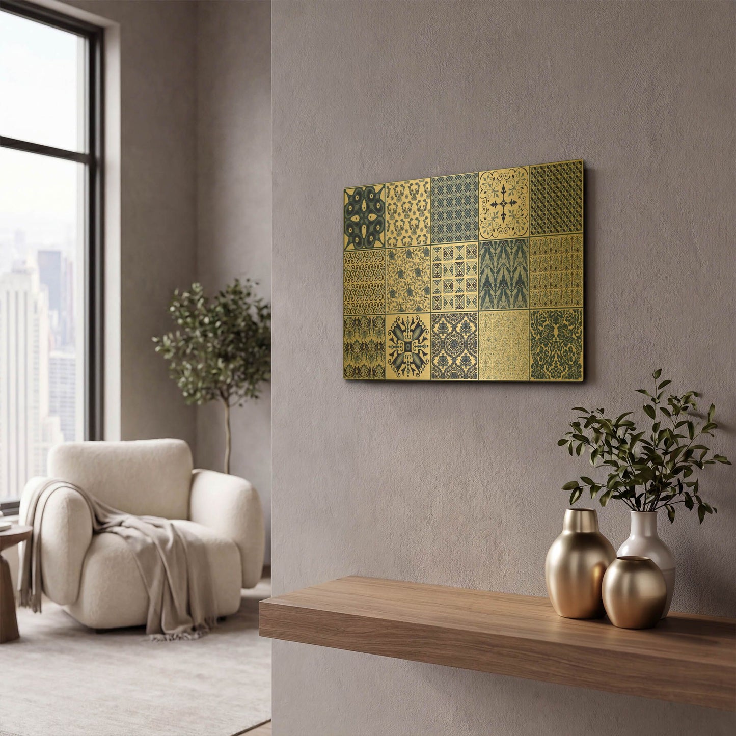 'Blue Quilt Blocks' By Jean Plout Gold Metal Wall Art