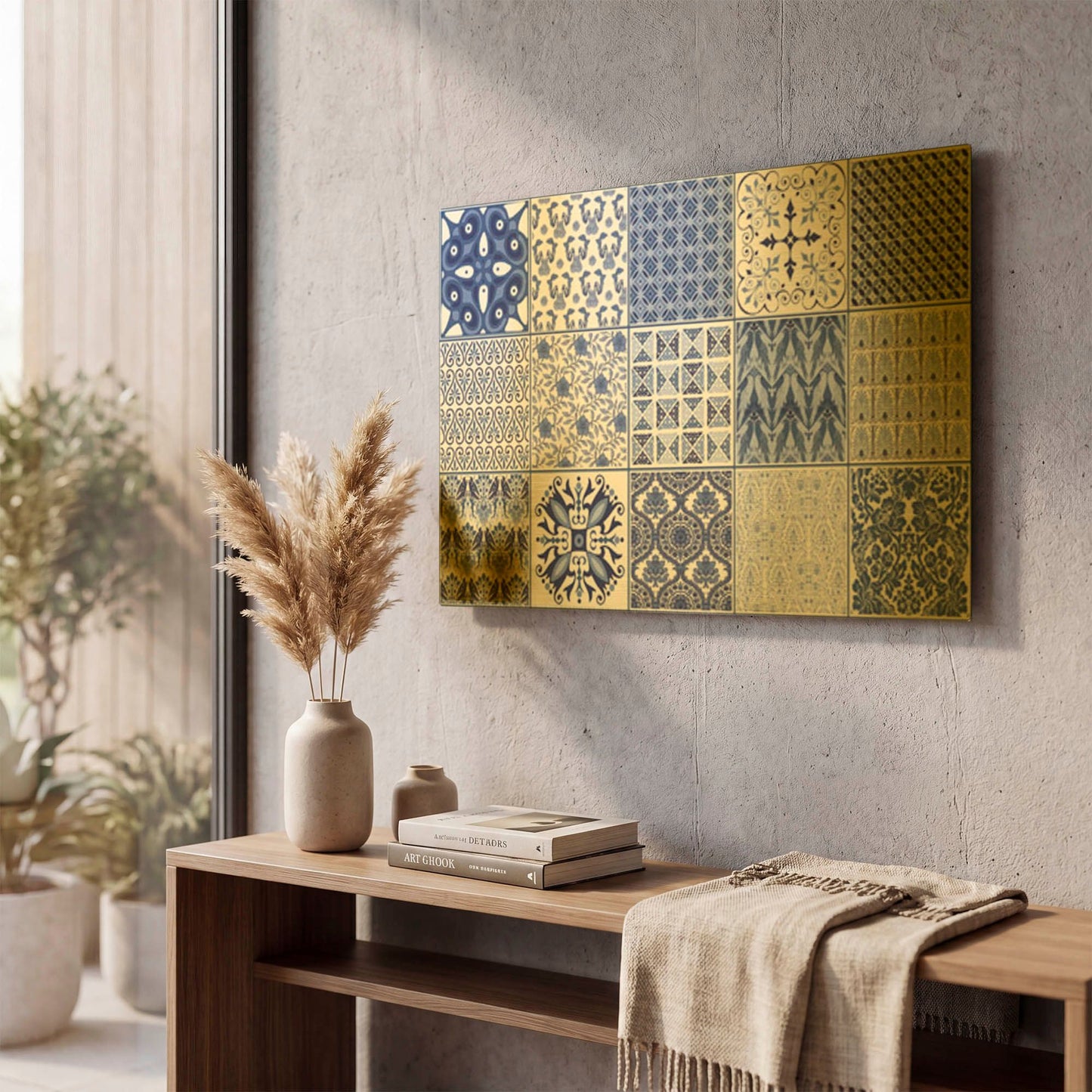 'Blue Quilt Blocks' By Jean Plout Gold Metal Wall Art
