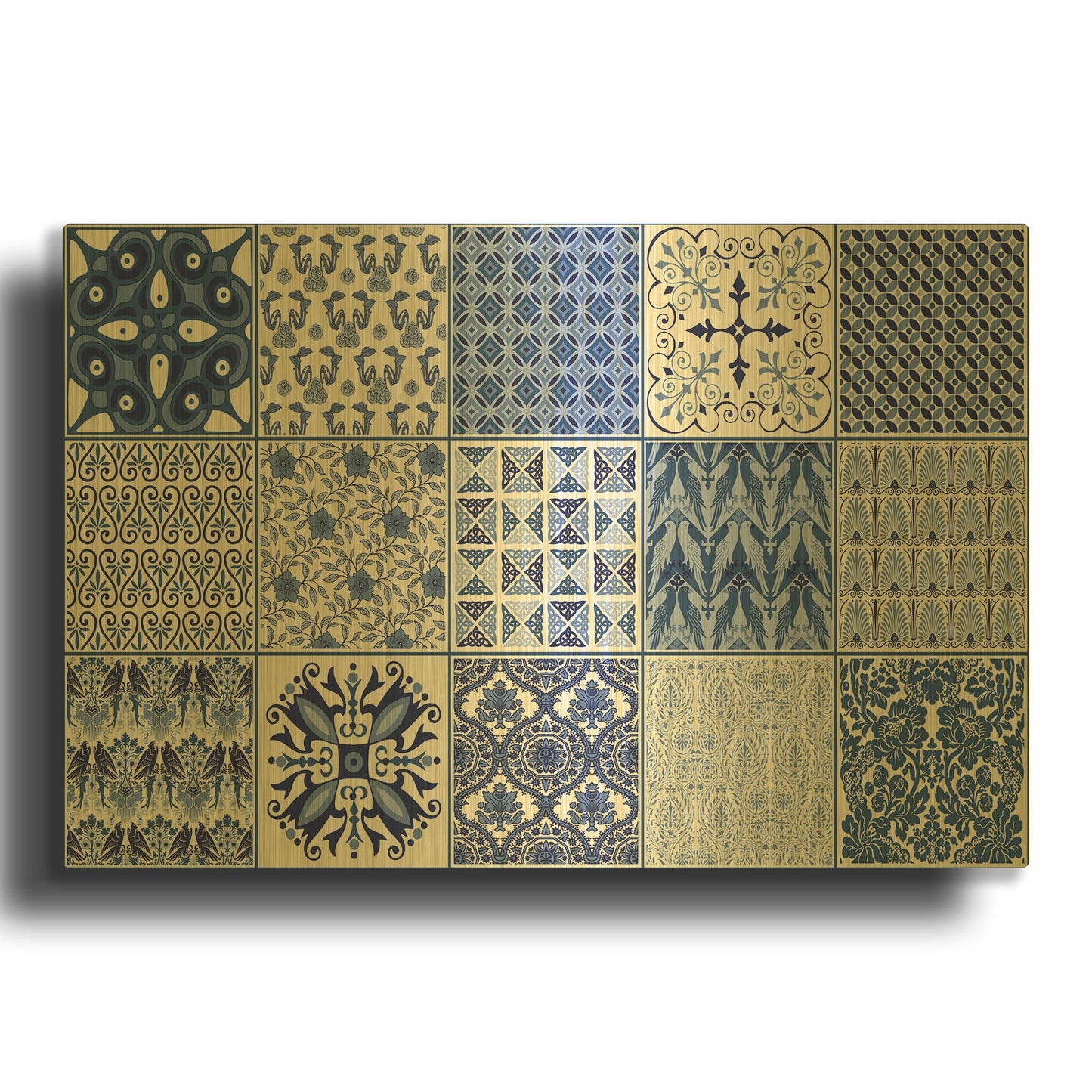 'Blue Quilt Blocks' By Jean Plout Gold Metal Wall Art