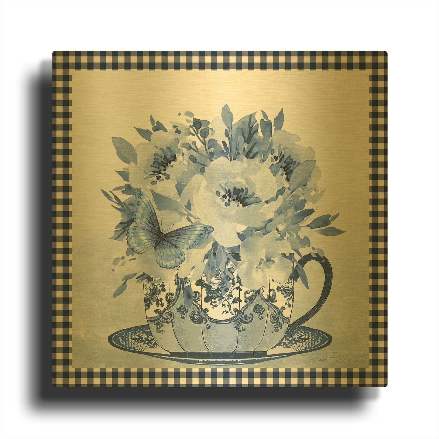 'Blue Teacup Bouquet A' By Jean Plout Gold Metal Wall Art