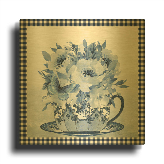 'Blue Teacup Bouquet A' By Jean Plout Gold Metal Wall Art