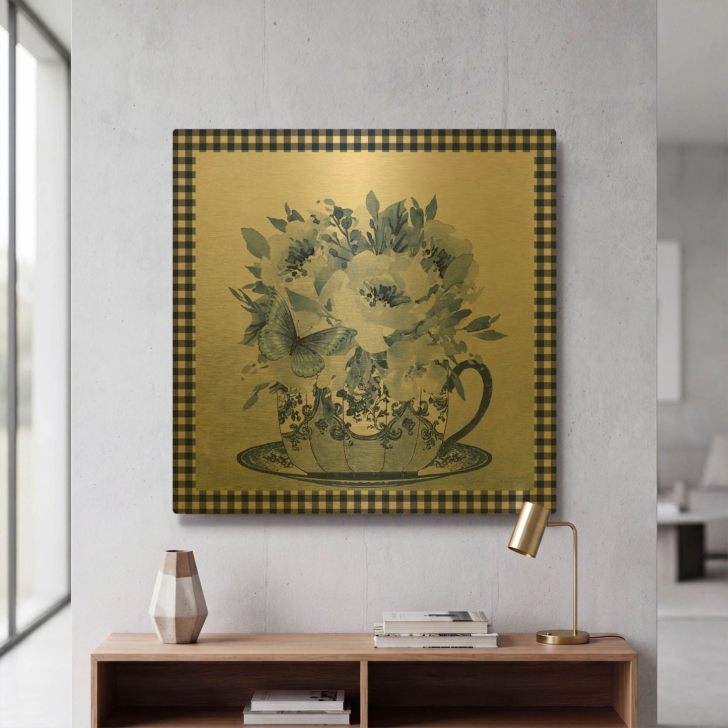 'Blue Teacup Bouquet A' By Jean Plout Gold Metal Wall Art