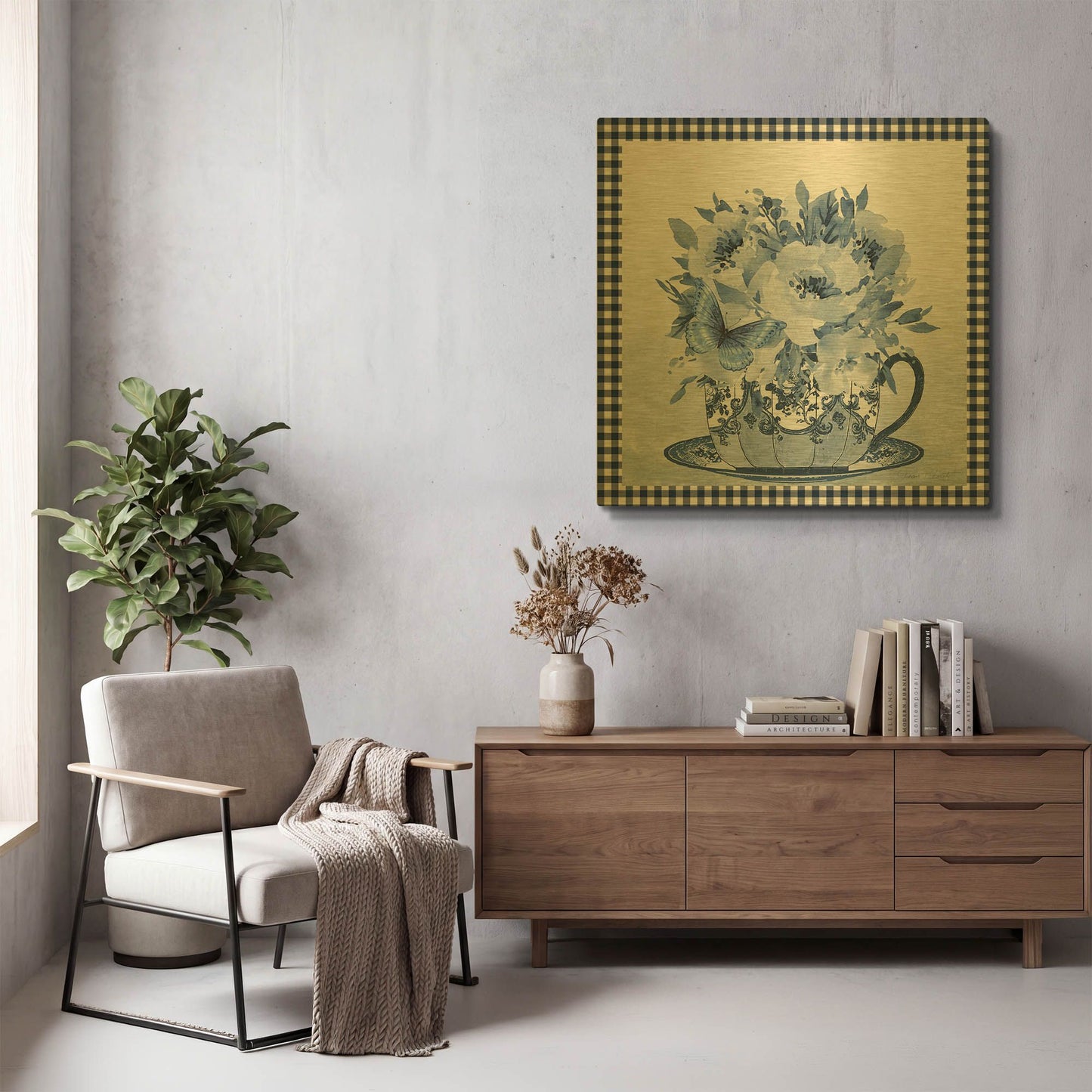 'Blue Teacup Bouquet A' By Jean Plout Gold Metal Wall Art