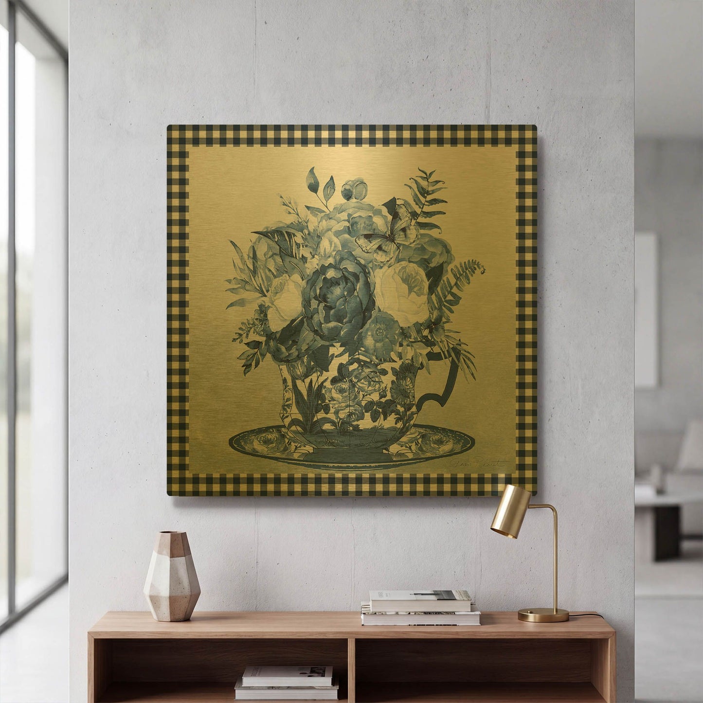'Blue Teacup Bouquet B' By Jean Plout Gold Metal Wall Art