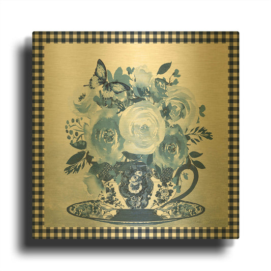 'Blue Teacup Bouquet C' By Jean Plout Gold Metal Wall Art