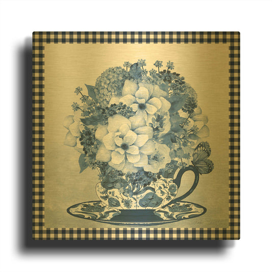 'Blue Teacup Bouquet D' By Jean Plout Gold Metal Wall Art