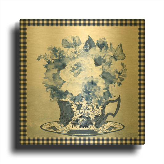 'Blue Teacup Bouquet E' By Jean Plout Gold Metal Wall Art