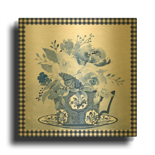 'Blue Teacup Bouquet F' By Jean Plout Gold Metal Wall Art