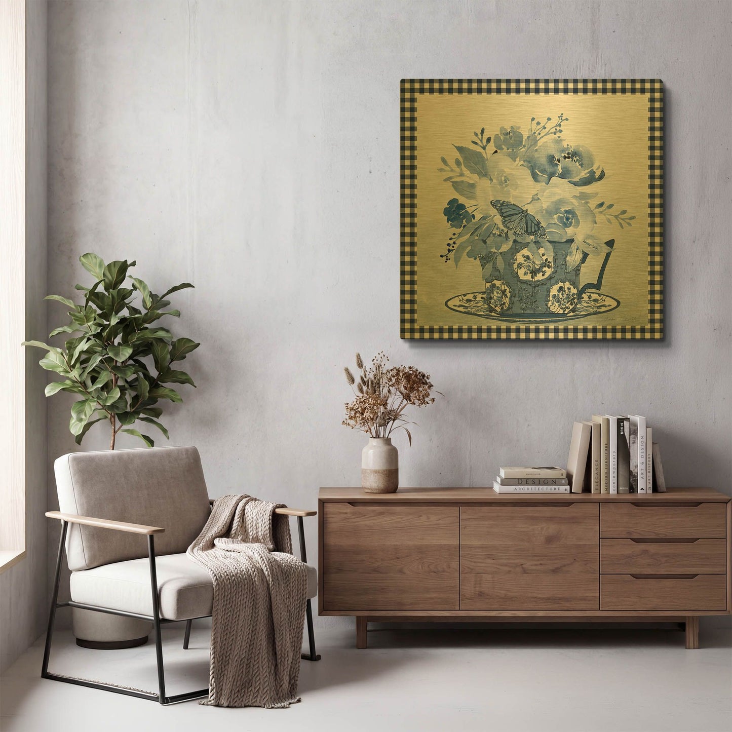 'Blue Teacup Bouquet F' By Jean Plout Gold Metal Wall Art