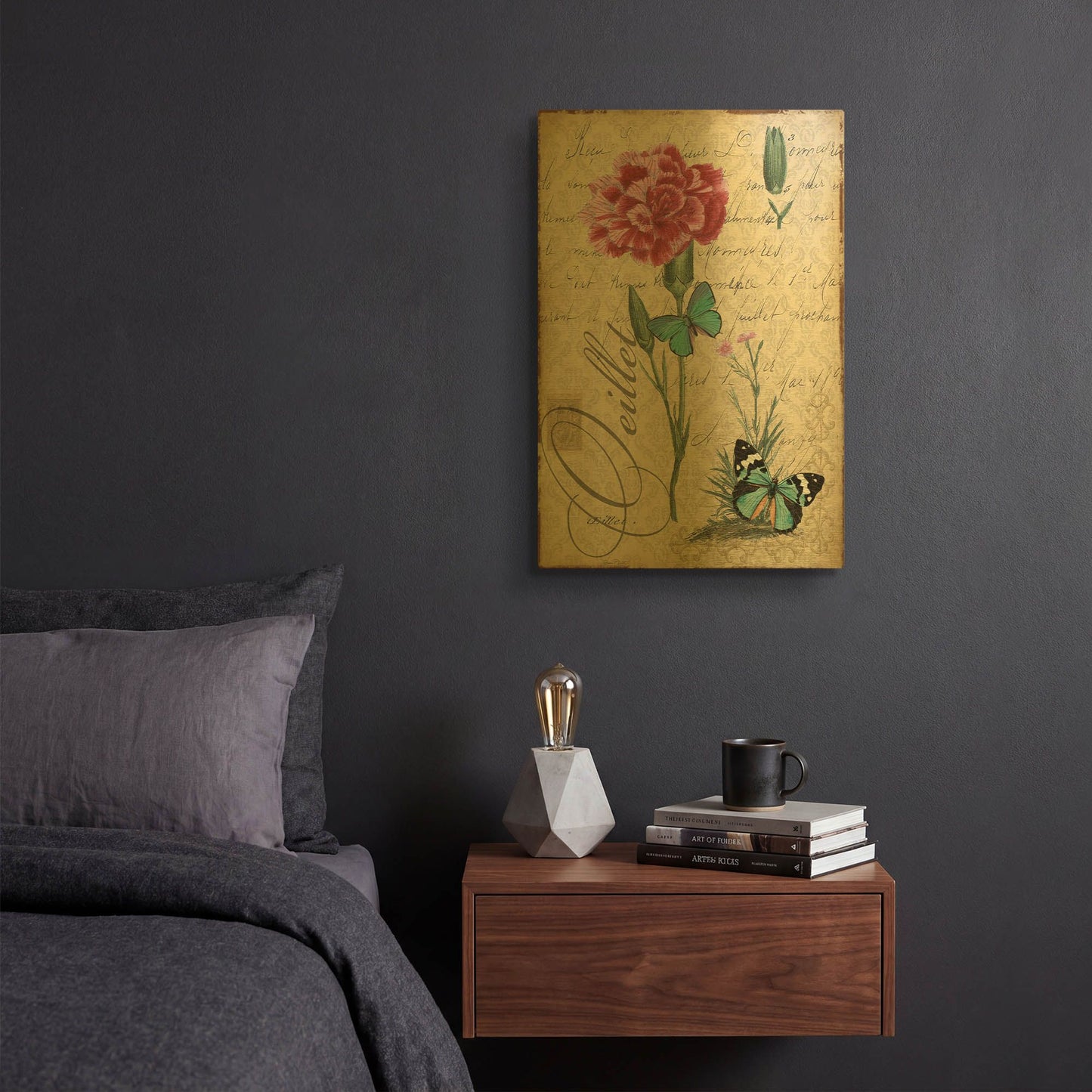 'Botanical Carnation Oeillet Damask' By Jean Plout Gold Metal Wall Art
