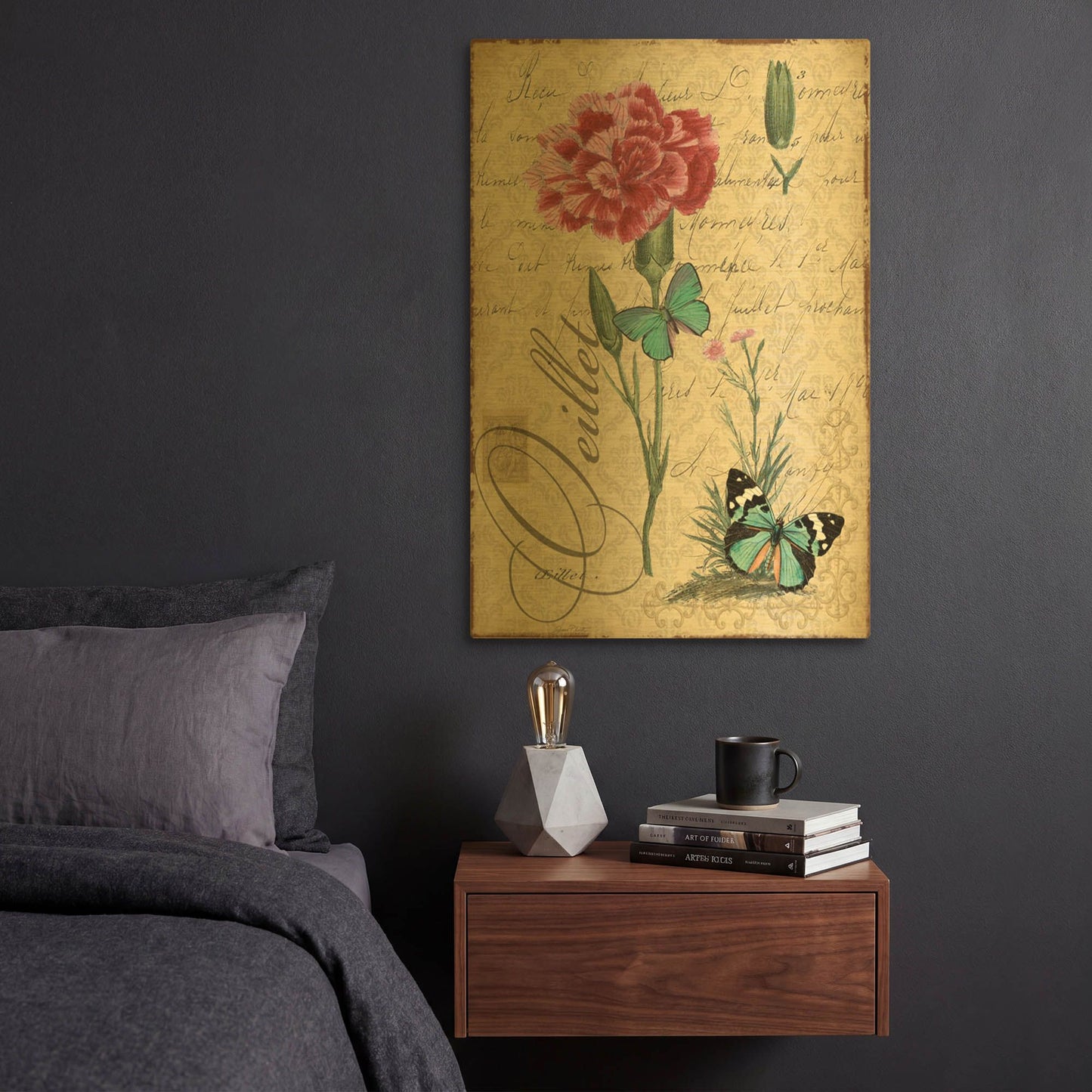 'Botanical Carnation Oeillet Damask' By Jean Plout Gold Metal Wall Art